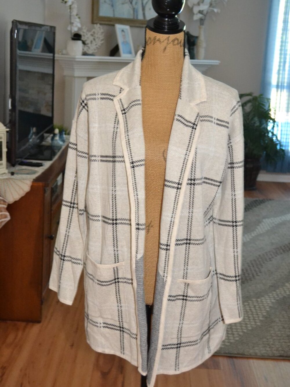 LOFT New Windowpane plaid sweater jacket blazer Cream/black Cotton cardigan L - Picture 2 of 10
